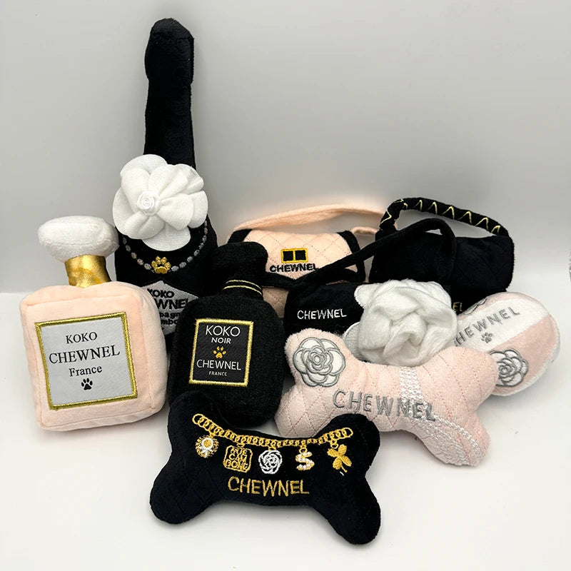 Unique Squeaky Dog Toys Fashionable Plush Designs Handbag Bone Ball Bottle Shape Pet Plush Chewing Toy