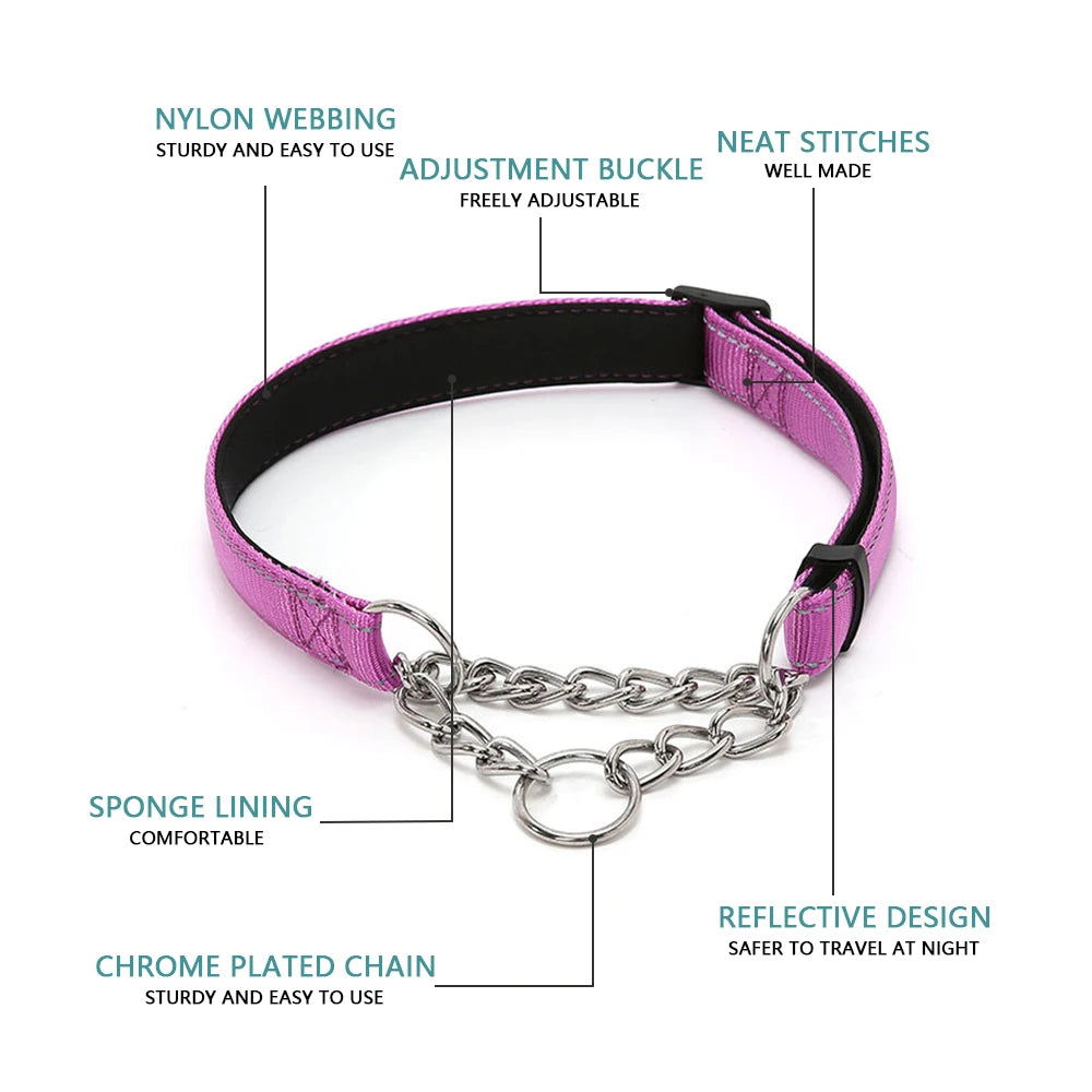 Stainless Steel Chain Martingale Collar Adjustable Dog Chain Reflective Nylon Fabric Pet Collars For Small Medium Large Dogs