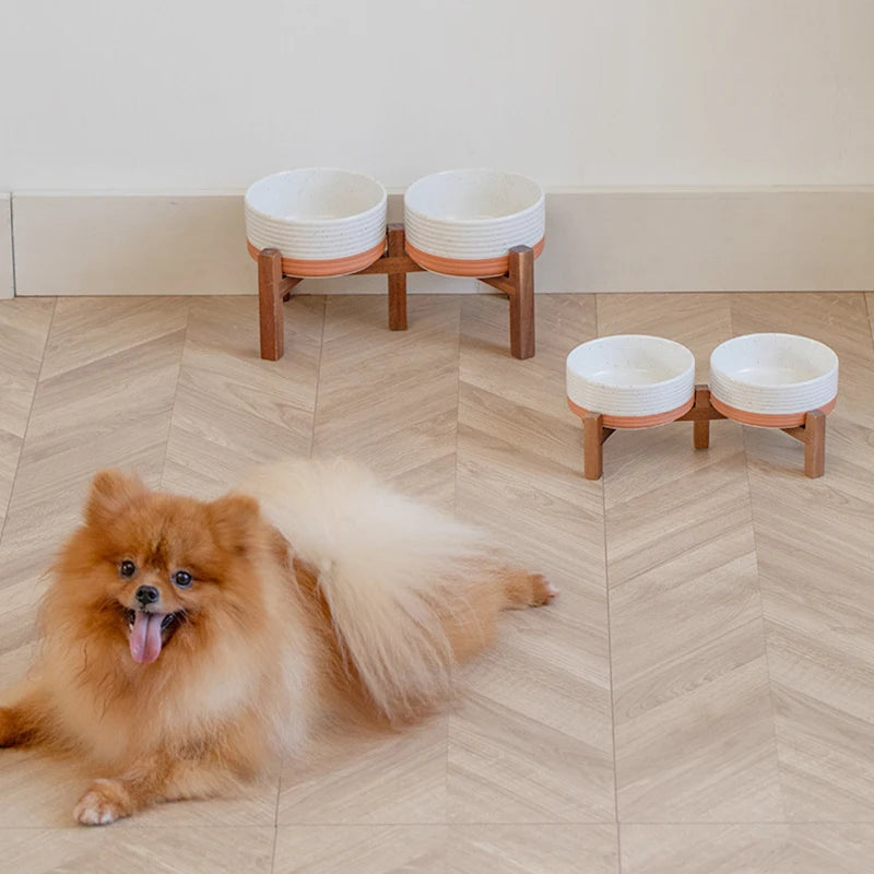 1800ml Large Ceramic Pet Bowls with Wooden Stand – Double Elevated Raised Big Dog Feeding Dishes Non Slip Cat Bowls